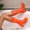 Round Toe Metal Chain String Bead Knee Highs Lace Up Chunky Heels Boots - Orange Patent