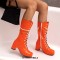 Round Toe Metal Chain String Bead Knee Highs Lace Up Chunky Heels Boots - Orange Patent