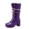 Round Toe Metal Chain String Bead Knee Highs Lace Up Chunky Heels Boots - Purple Patent