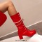 Round Toe Metal Chain String Bead Knee Highs Lace Up Chunky Heels Boots - Red Patent