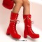 Round Toe Metal Chain String Bead Knee Highs Lace Up Chunky Heels Boots - Red Patent