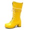 Round Toe Metal Chain String Bead Knee Highs Lace Up Chunky Heels Boots - Yellow Patent