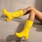 Round Toe Metal Chain String Bead Knee Highs Lace Up Chunky Heels Boots - Yellow Patent