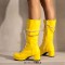 Round Toe Metal Chain String Bead Knee Highs Lace Up Chunky Heels Boots - Yellow Patent
