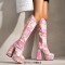 Round Toe Chunky Heels Knee Highs Matte Platforms Boots - Pink Faux Leather