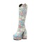 Round Toe Chunky Heels Knee Highs Matte Platforms Boots - SkyBlue Faux Leather