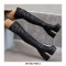 Round Toe Chunky Heels Platforms Over The Knee Snake Print Booties with Side Zipper - Black
