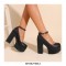 Round Toe Chunky Heels Ankle Buckle Straps Platforms Sandals - Black