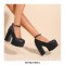 Round Toe Chunky Heels Ankle Buckle Straps Platforms Sandals - Black