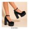 Round Toe Chunky Heels Ankle Buckle Straps Platforms Sandals - Black