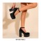 Round Toe Chunky Heels Ankle Buckle Straps Platforms Sandals - Black
