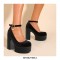Round Toe Chunky Heels Ankle Buckle Straps Platforms Sandals - Black