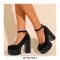 Round Toe Chunky Heels Ankle Buckle Straps Platforms Sandals - Black
