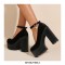 Round Toe Chunky Heels Ankle Buckle Straps Platforms Sandals - Black