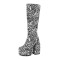 Round Toe Siberian Tiger Pattern Chunky Heels Knee Highs Platforms Boots - White Black Patent