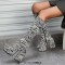 Round Toe Zebra Pattern Chunky Heels Knee Highs Platforms Boots - White Black Patent