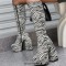 Round Toe Zebra Pattern Chunky Heels Knee Highs Platforms Boots - White Black Patent