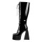 Square Toe Chunky Heels Side Zipper Platforms Knee Highs  Lace Up Boots - Black Patent