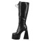 Square Toe Chunky Heels Side Zipper Platforms Knee Highs  Lace Up Boots - Black Faux Leather