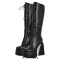 Square Toe Chunky Heels Side Zipper Platforms Knee Highs  Lace Up Boots - Black Faux Leather