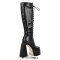 Square Toe Chunky Heels Side Zipper Platforms Knee Highs  Lace Up Boots - Black Faux Leather