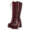 Square Toe Chunky Heels Side Zipper Platforms Knee Highs  Lace Up Boots - Burgundy Patent
