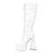 Square Toe Chunky Heels Side Zipper Platforms Knee Highs  Lace Up Boots - White Patent