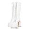 Square Toe Chunky Heels Side Zipper Platforms Knee Highs  Lace Up Boots - White Patent