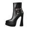 Pointed Toe Ankle High Side Zipper Double Platforms Chunky Heels Booties - Black Faux Leather