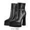 Pointed Toe Ankle High Side Zipper Double Platforms Chunky Heels Booties - Black Faux Leather