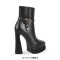 Pointed Toe Ankle High Side Zipper Double Platforms Chunky Heels Booties - Black Faux Leather