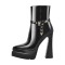 Pointed Toe Ankle High Side Zipper Double Platforms Chunky Heels Booties - Black Patent