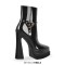 Pointed Toe Ankle High Side Zipper Double Platforms Chunky Heels Booties - Black Patent
