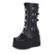 Round Toe Metal Skull Five-Row Belt Buckle Punk Style Knee Highs Wedges Platforms Boots - Black Faux Leather