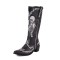 Pointed Toe Chunky Heels Embroidered Skull Pattern Knee Highs Slip On Cowboy Boots - Black Faux Leather