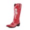 Pointed Toe Chunky Heels Embroidered Skull Pattern Knee Highs Slip On Cowboy Boots - Red Faux Leather