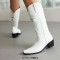 Pointed Toe Chunky Heels Embroidered Skull Pattern Knee Highs Slip On Cowboy Boots - White Faux Leather