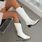 Pointed Toe Chunky Heels Embroidered Skull Pattern Knee Highs Slip On Cowboy Boots - White Faux Leather