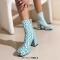 Square Toe Checkerboard Plaid Pattern Chunky Heels Ankle Highs Boots - Blue Faux Leather