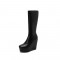 Round Toe Wedges Heels Platforms Knee Highs Booties with Side Zipper - Black