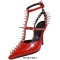 Pointed Toe Rivet Decorated Punk Rock Patent T Straps Pumps - Red