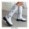 Round Toe Platforms Heels Floral Printed Boots with Back Zipper - Blue