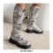 Round Toe Platforms Heels Floral Printed Boots with Back Zipper - Gray