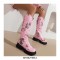 Round Toe Platforms Heels Floral Printed Boots with Back Zipper - Pink
