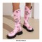 Round Toe Platforms Heels Floral Printed Boots with Back Zipper - Pink