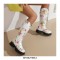Round Toe Platforms Heels Floral Printed Boots with Back Zipper - White