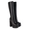 Square Toe Chunky Heels Knee Highs Side Zipper Double Platforms Boots - Black Faux Leather