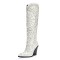 Pointed Toe Chunky Heels Rhinestones Cowboy Western Knee Highs Boots - White