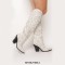 Pointed Toe Chunky Heels Rhinestones Cowboy Western Knee Highs Boots - White