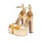 Peep Toe Ankle Buckle Straps Dorsay Chunky Block Heels Platforms Sandals - Gold Patent